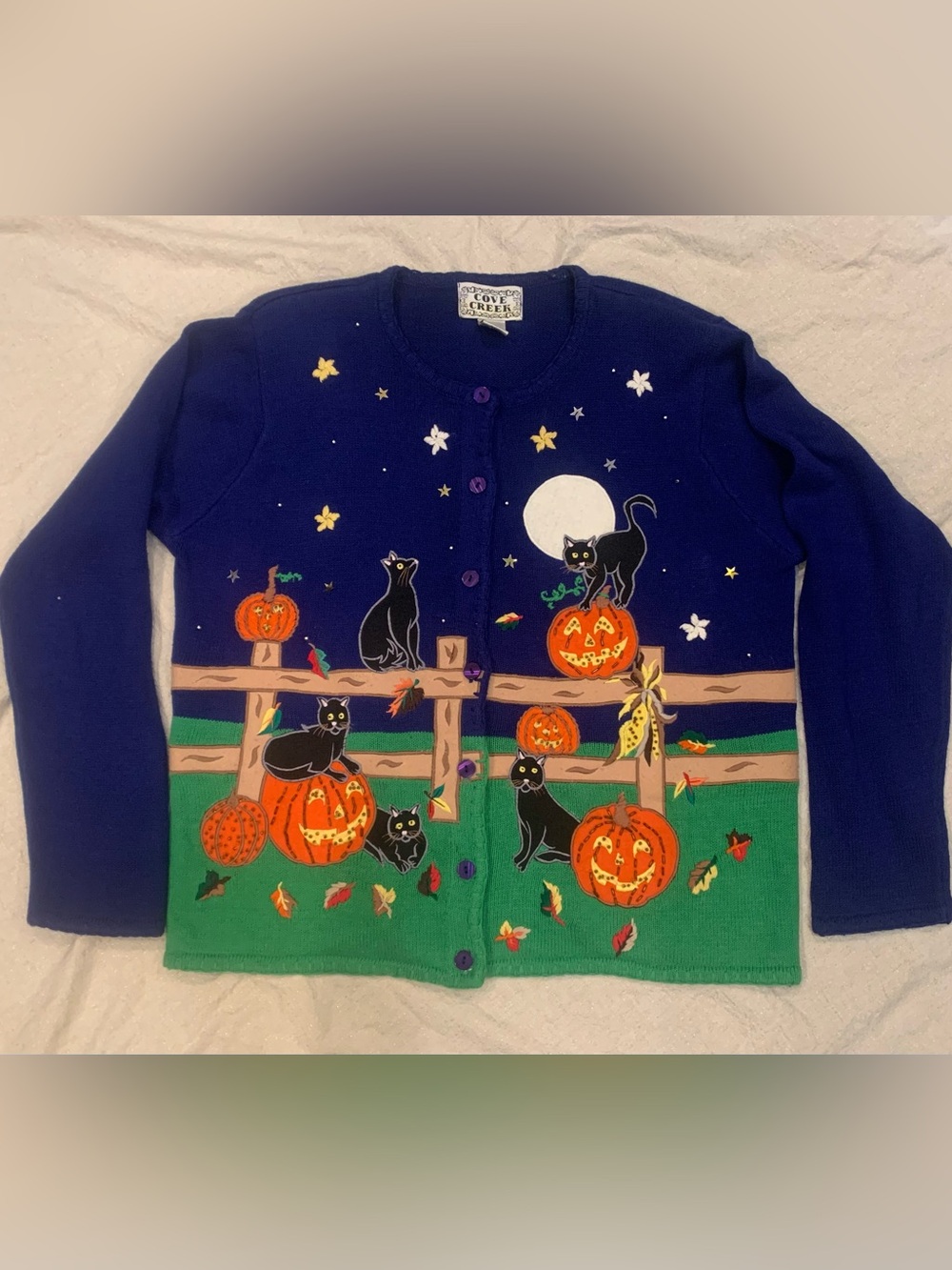 Vintage Cove Creek Halloween Cardigan Sweater with Black Cats & Pumpkins